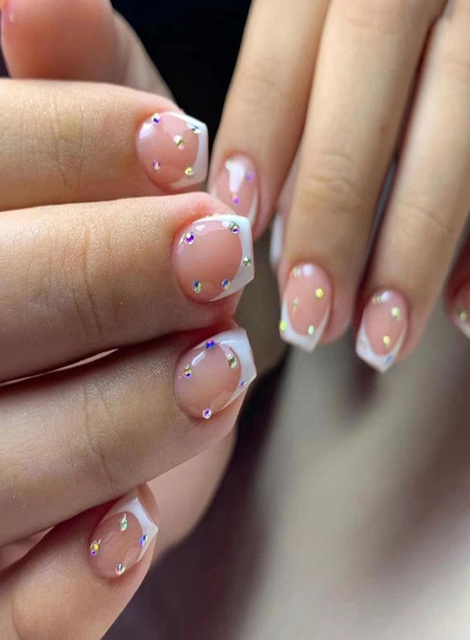 ASONRL 24 PCS Press on Nails French Tip with Rhinesstones, Short Square Gel Nail Fake Nails, Glue On Nails Kit, Reusable False Nails with Mini Nail File for Women - White Square Rhinestones - Image 1